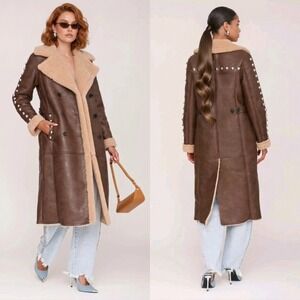 Avec Les Filles Faux Shearling Revolve Trench Coat Brown Studded Moto Jacket S
